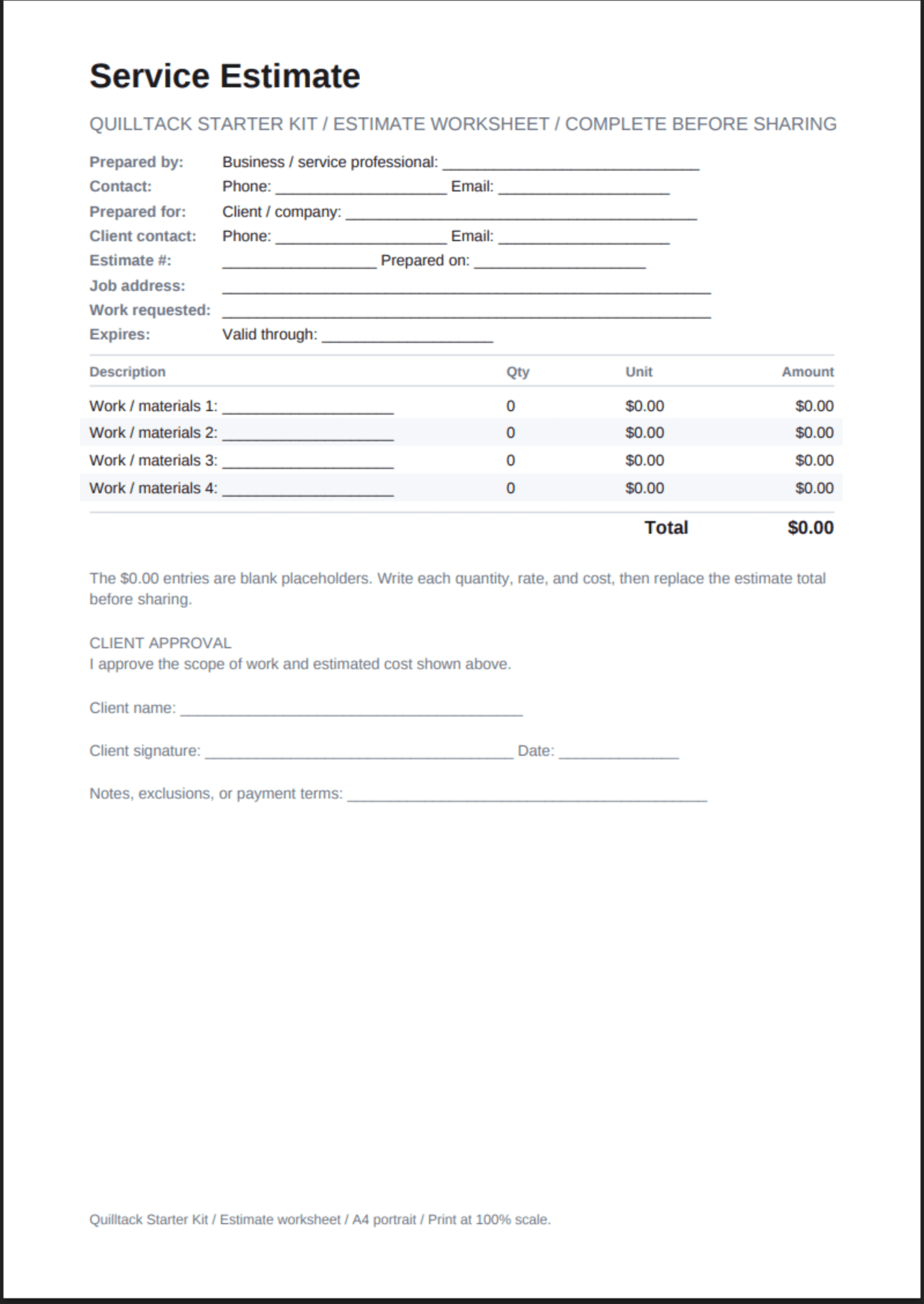 Full-page preview of the estimate-template.pdf included in the Starter Kit.
